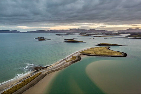Aerial view of Bertra Strand and islands at the foot of Croagh Patrick, Co. Mayo, Ireland — fine art aerial photograph by Peter Cox