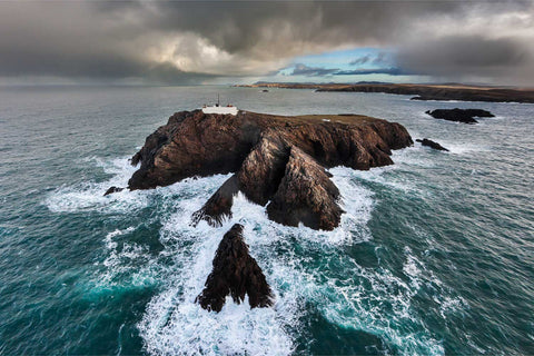 Aerial view of Eagle Island Lighthouse with rainbow, Co. Mayo, fine art aerial photograph by Peter Cox