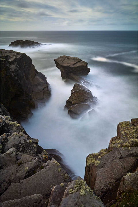 Long exposure of sea stacks at Dun na mBo blowhole, Belmullet, Co. Mayo, fine art landscape photograph by Peter Cox