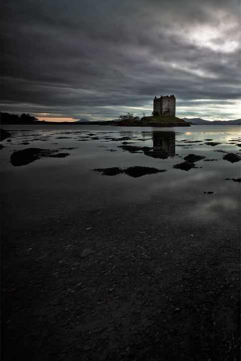 Castle Stalker silhouetted at dusk on a tidal islet, Loch Laich, Scotland, fine art landscape photograph by Peter Cox