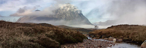 Buachaille Etive Mor mountain emerging from mist with river in foreground, Glencoe, Scotland, fine art landscape photograph by Peter Cox