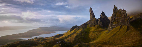 The jagged pinnacles of the Old Man of Storr at sunrise with Loch Fada below, Isle of Skye, Scotland