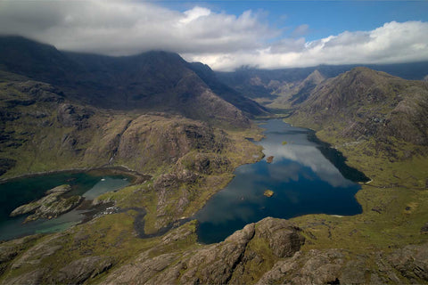 Aerial view of Lough Coruisk, a glacial lake surrounded by the Cuillin mountains on the Isle of Skye, Scotland