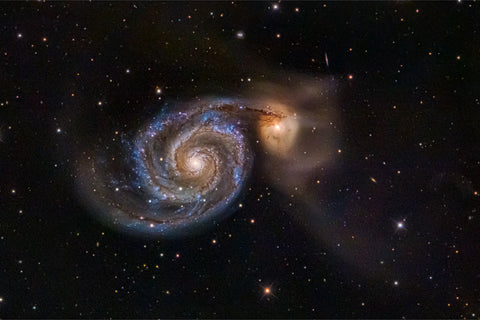 The Whirlpool Galaxy M51 and its companion NGC 5195 photographed in detail showing spiral arms and tidal connection