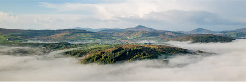 Aerial view of morning mist filling the Lee Valley with pine-covered hills rising above the fog, County Cork