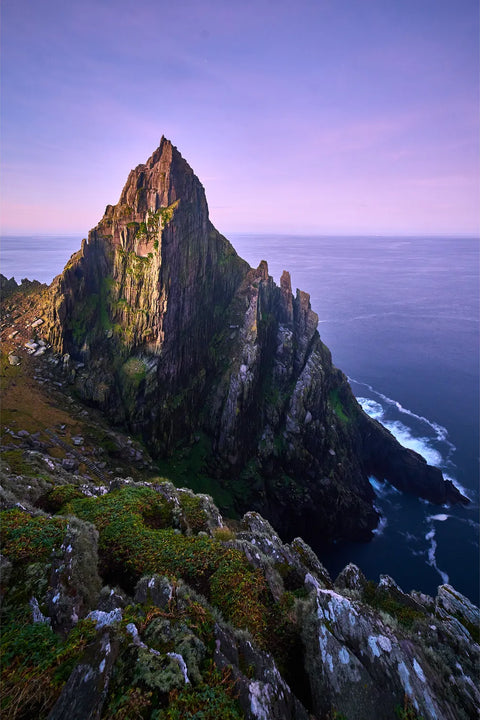 The South Peak of Skellig Michael in December pre-dawn light, jagged rock and vivid green against a soft violet sky