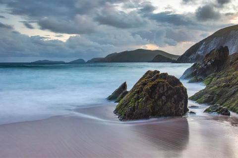 Moody long exposure of Coumeenoole Beach with Blasket Islands, Dingle, Kerry, fine art landscape photograph by Peter Cox