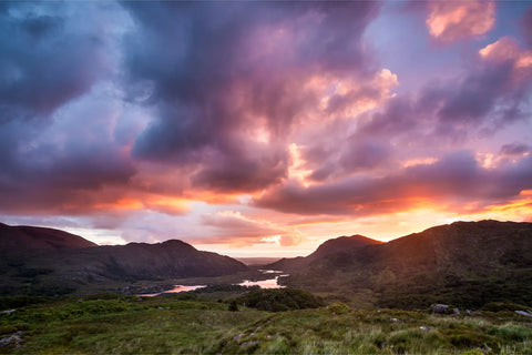 Dramatic purple and gold sunrise over Ladies' View, Killarney with silhouetted mountains and lakes stretching through the valley